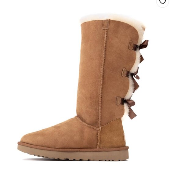 UGG Bailey Boot II Tall Womens 11 Chestnut Triple Brown Satin Bow Warm Plush - Picture 2 of 11